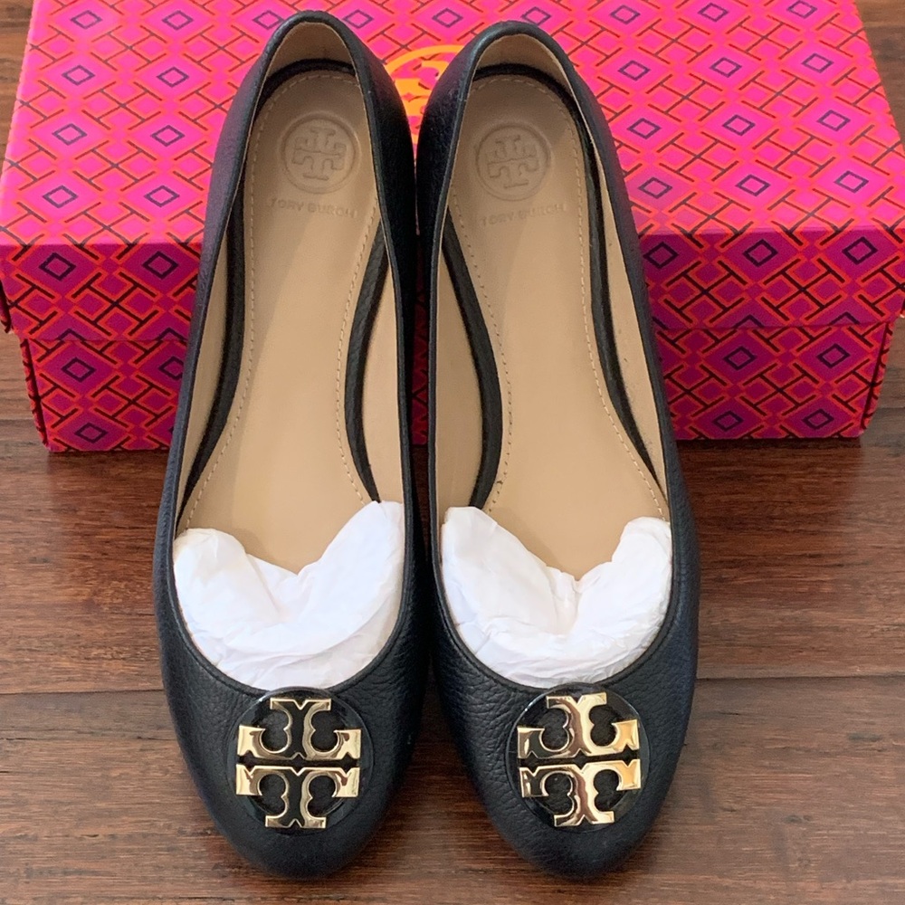 Tory Burch Claire Ballet Flats, Tumbled Leather, Black with Gold Logo
